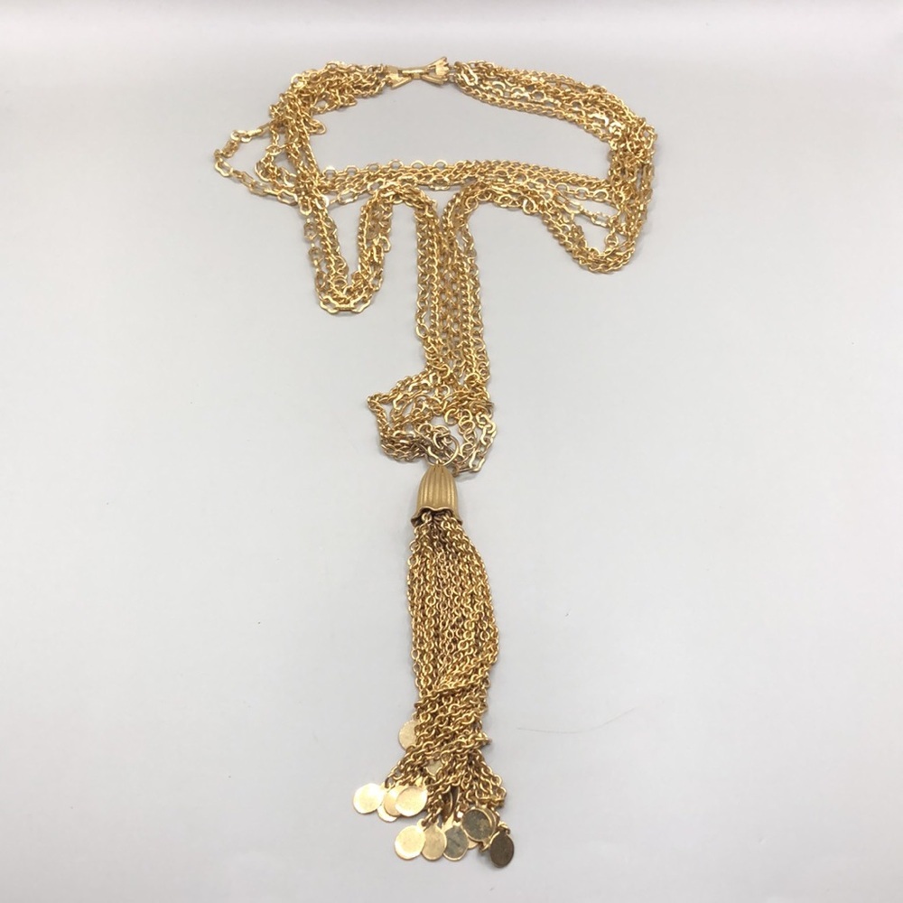 Vintage multi layered gold tone statement costume long necklace tassel fringe. - Picture 4 of 8